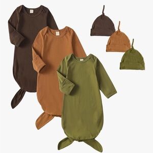 Amazon Kids Pajama Gown Set in Brown, Tan, and Olive with Matching Knotted Hats